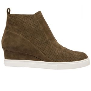 Linea Paolo ANNA  Low Heel Wedge Sneaker Dark Olive Perforated Suede